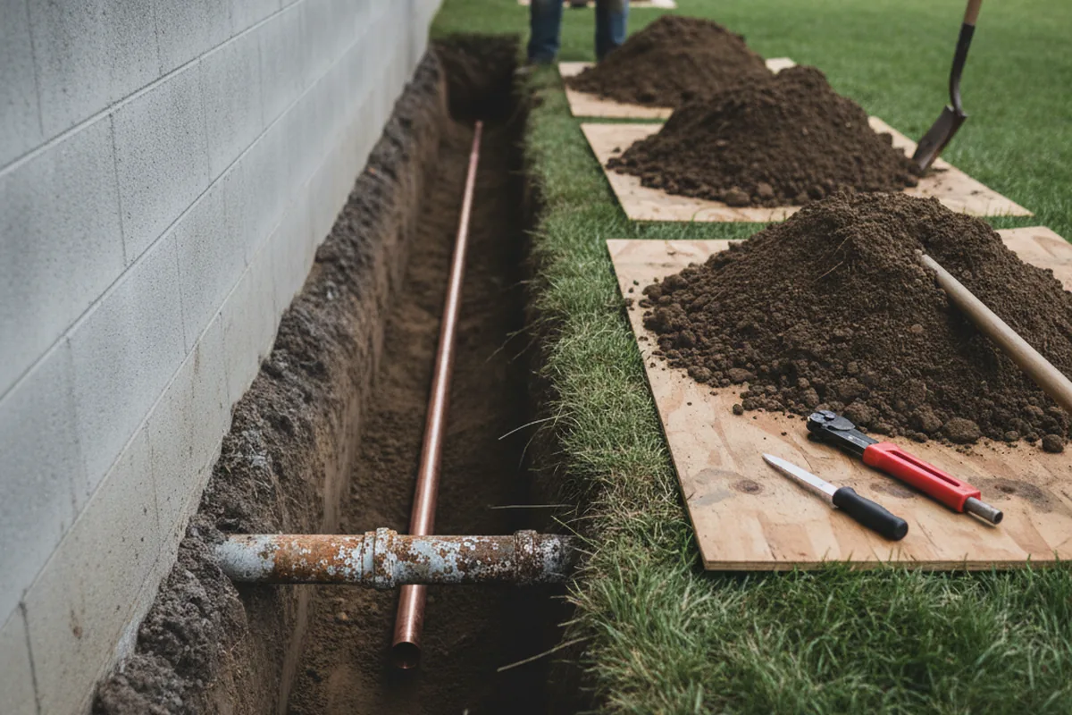 Excavated water line trench during Water Softener Installation in Savoy